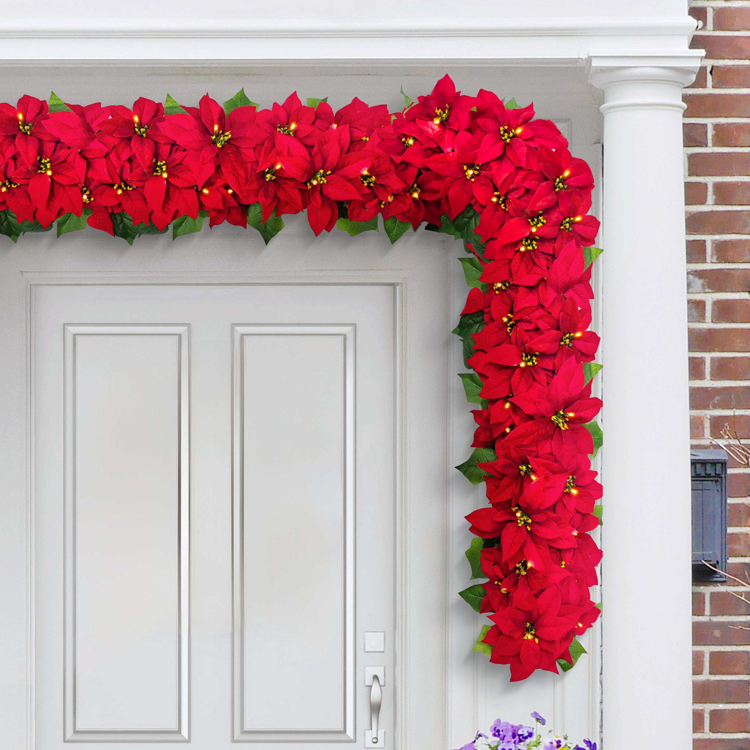 6' x 12" Pre-Lit Battery-Operated Red Poinsettia Garland